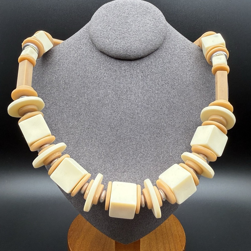 Vintage Elder-Beerman Geometric Statement Necklace Cream Caramel Resin Beads NOS